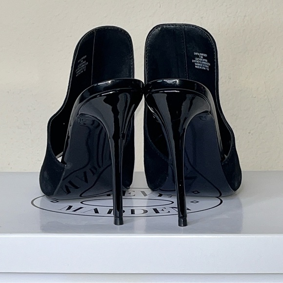 Steve Madden Sinful Sandal Heels Black Suede Cut Out Peep Toe Shoes Cocktail 7.5 - Picture 9 of 15